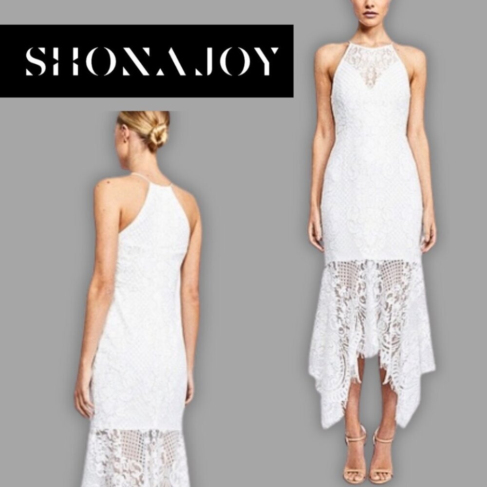 Shona Joy, Lace High Neck Handkerchief Midi Dress, White‎